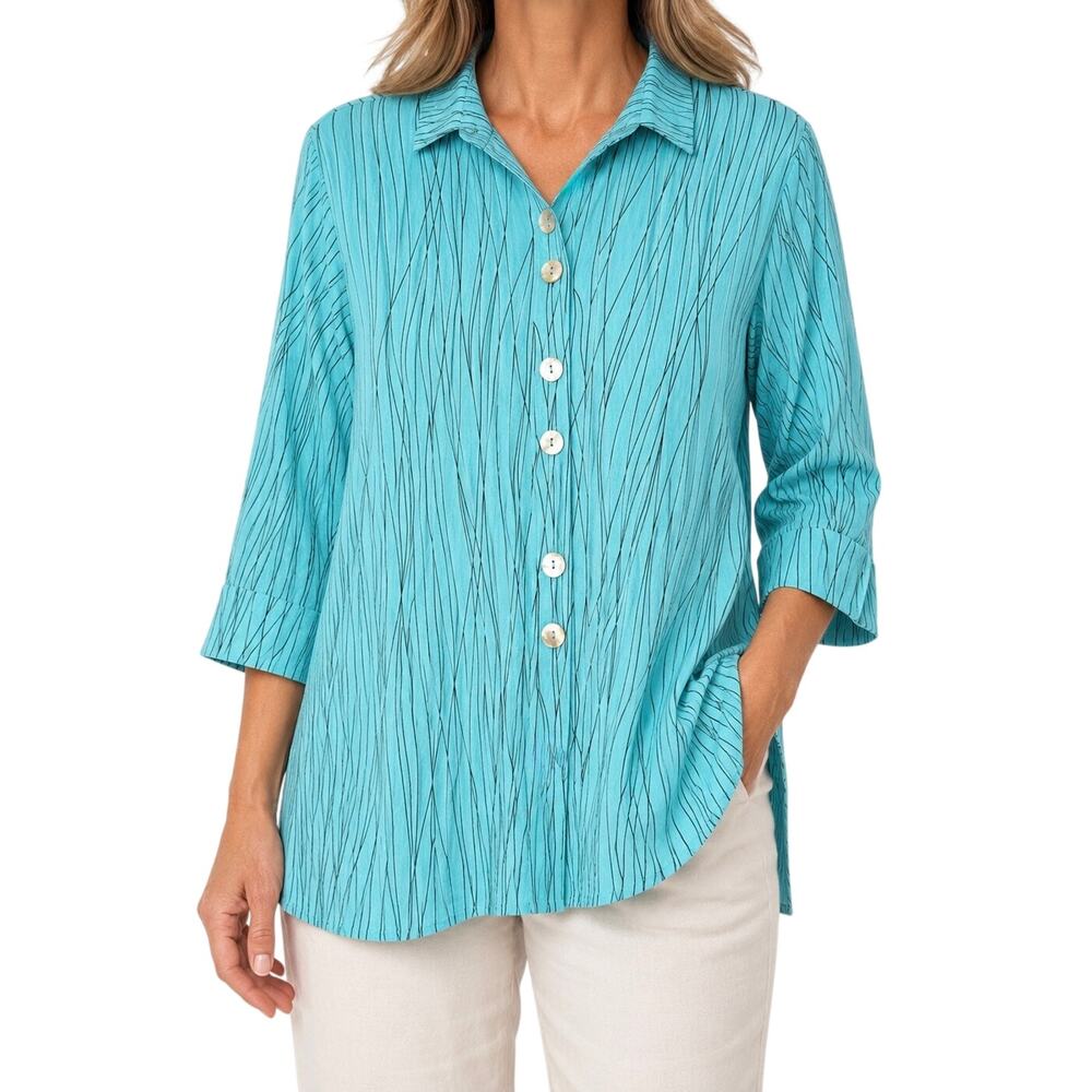 Ali Miles PXL Petite XL Abstract Aqua Blue Wearable Art to Wear Blouse Shirt Top